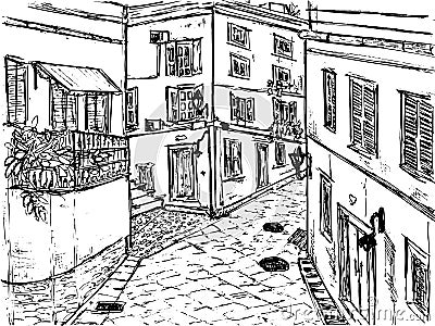 European small city. A street in the old town with a stone road and houses with windows and shutters. Memories from travels. Vector Illustration