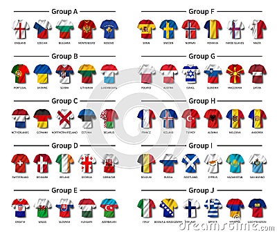 European soccer tournament qualifying draw 2020 . Group of international teams . Football jersey with waving country flag pattern Vector Illustration