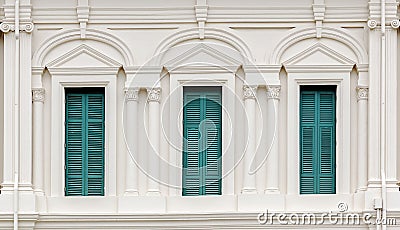 European Style Window with green shutters Stock Photo