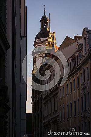 European Sunset Alley Tower Warm Sky Walls Tall High Buildings S Stock Photo