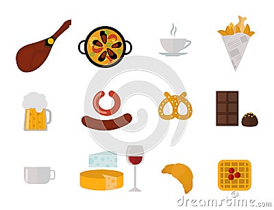 European tasty food cuisine dinner food showing delicious elements flat vector illustration. Vector Illustration