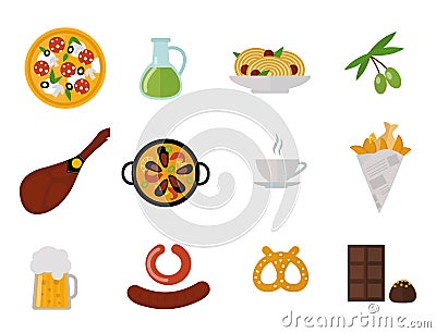 European tasty food cuisine dinner food showing delicious elements flat vector illustration. Vector Illustration