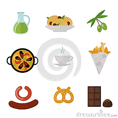 European tasty food cuisine dinner food showing delicious elements flat vector illustration. Vector Illustration
