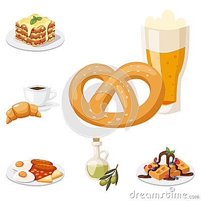 European tasty food cuisine dinner food showing delicious elements flat vector illustration. Vector Illustration