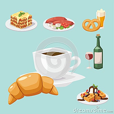 European tasty food cuisine dinner food showing delicious elements flat vector illustration. Vector Illustration