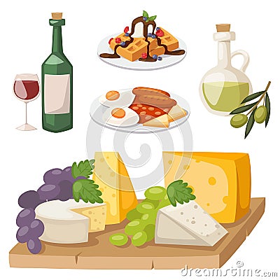 European tasty food cuisine dinner food showing delicious elements flat vector illustration. Vector Illustration