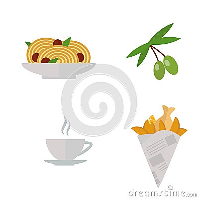 European tasty food olive branch oil dinner food showing delicious flat vector illustration. Vector Illustration