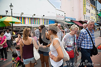 European tourists in Little India in Singapore Editorial Stock Photo