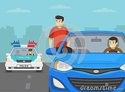 European traffic police officer pulls over a blue car on a city road. Police car chasing young guys. Vector Illustration