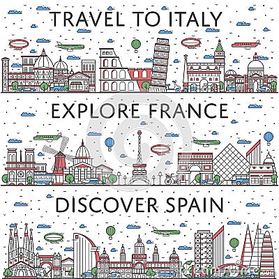 European traveling posters in linear style Vector Illustration