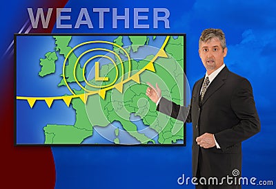 European TV news weather meteorologist reporting Stock Photo