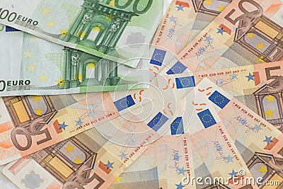 European Union currency, fifty and hundred Euro, Lots of banknotes, Stock Photo