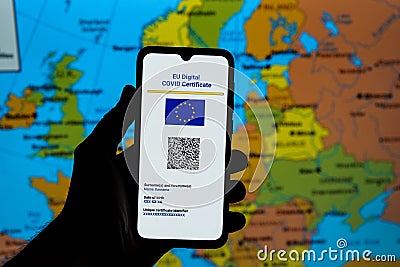 European Union digital COVID-19 certificate. Vaccination pass which allow people travel around Europe freely Stock Photo