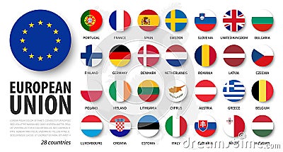 European union . EU and membership flags . Flat circle element design . White isolated background and europe map . Vector Vector Illustration