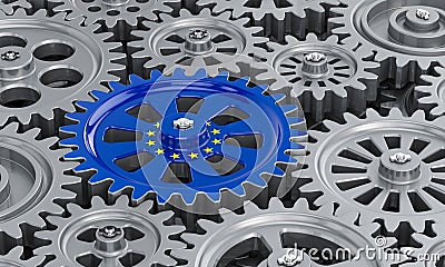 The European Union flag on the gearwheel, business industrial concept. 3D rendering Stock Photo