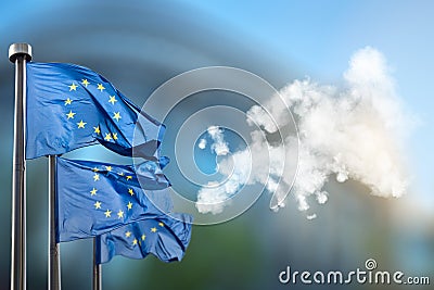 European union flags and map of Europe Stock Photo