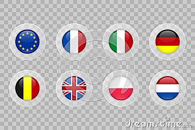 European Union, France, Italy, Germany, Belgium, United Kingdom, Poland, Netherlands flag on transparent background. Isolated Vector Illustration