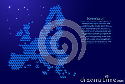 European Union map from 3D blue cubes isometric abstract concept, square pattern, angular geometric shape, glowing stars. Vector Cartoon Illustration