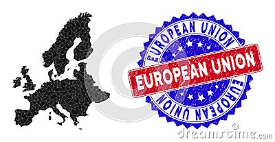 European Union Map Triangle Mesh and Grunge Bicolor Seal Vector Illustration