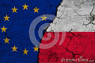 European Union and Poland flag on textured cracked ground. The concept of cooperation between the two countries. 3d rendering Stock Photo