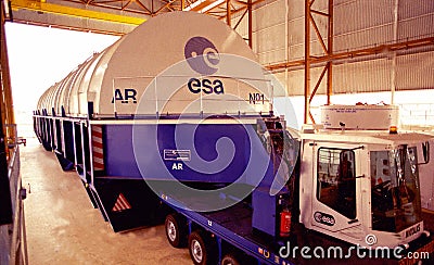 The European Union Space Mission in Kourou, South America: A huge transporter for the space shuttle Editorial Stock Photo