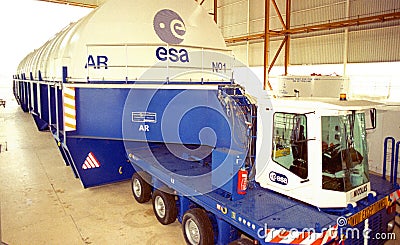 The European Union Space Mission in Kourou, South America: A huge transporter for the space shuttle Editorial Stock Photo