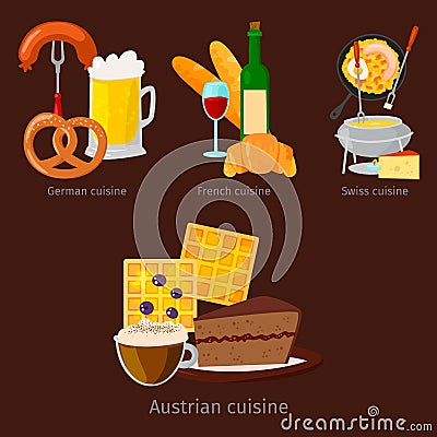 European vector food cuisine tasty dinner food showing delicious luxury Italy rome rustic snack plate flat illustration Vector Illustration