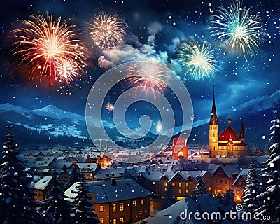 European village Fireworks over Christmas European village Beautiful. Cartoon Illustration