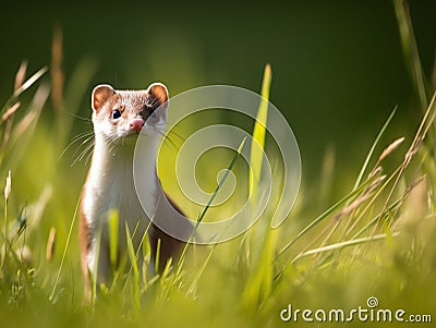 European weasel (Mustela ludoviciana) in grass. Made with Generative AI Stock Photo