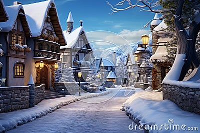 Scenic European winter village panorama, capturing the serenity and charm of the season Stock Photo