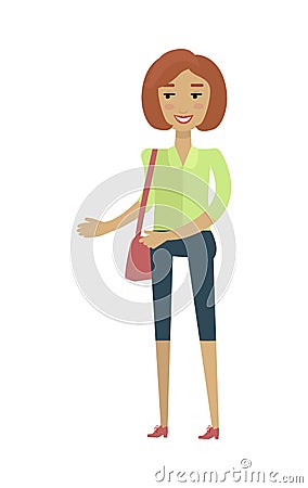 European Woman in Blouse and Breeches with Bag. Vector Illustration