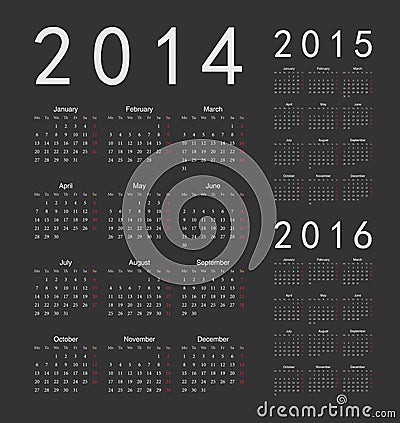 European 2014, 2015, 2016 year calendars Vector Illustration
