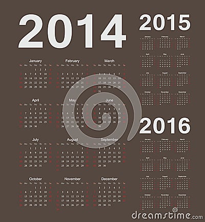 European 2014, 2015, 2016 year vector calendars Vector Illustration