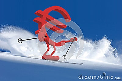 Euror sign with arms and legs that is skiing Cartoon Illustration