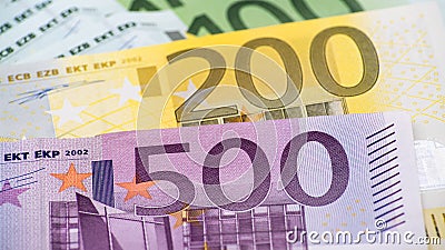 Euros bills of different values. Euro bill of five hundred Stock Photo