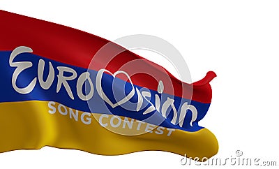 Eurovision with Armenia flag, Eurovision in Armenia Song Contest. 3D work and 3D image, Yerevan, Armenia - 2022 Oct 29 Stock Photo