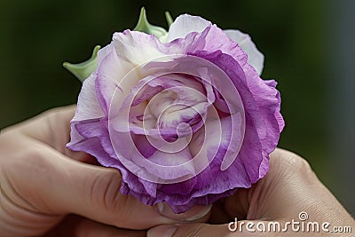 eustoma bloom in fisted hand, showing off its full beauty Stock Photo