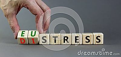 Eustress or distress symbol. Psychologist turns cubes and changes the concept word Eustress to Distress. Beautiful grey table grey Stock Photo