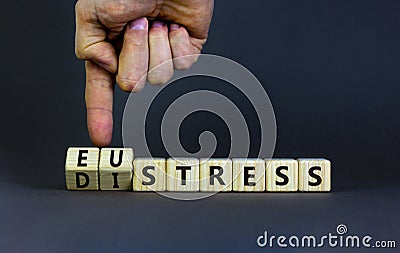 Eustress or distress symbol. Psychologist turns cubes and changes the concept word Eustress to Distress. Beautiful grey table grey Stock Photo