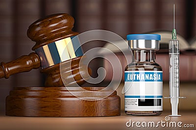 Euthanasia concept. Gavel as a symbol of legal system vith vial and syringe Cartoon Illustration