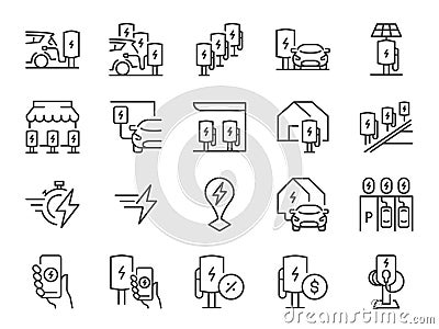 EV car icon set. It included electric car, electric vehicle, ev charger and more icons. Editable Vector Stroke. Vector Illustration