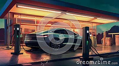 EV charging station for electric car. Electric car is being charged. Ai art Stock Photo