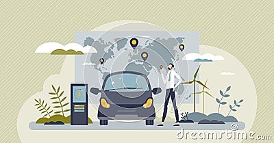 EV charging stations network with plug in recharge map tiny person concept Vector Illustration