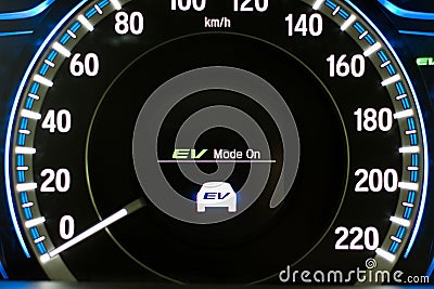 EV- Electrical vehicle mode turned on on hybrid car screen in front of steering wheel for green power fuel transportation Stock Photo