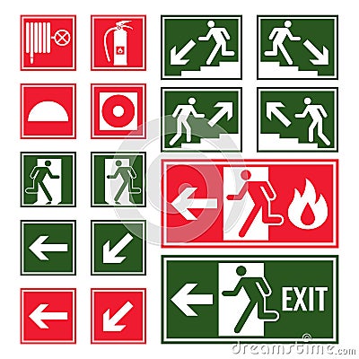 Evacuation and emergency signs in green and red colors Vector Illustration