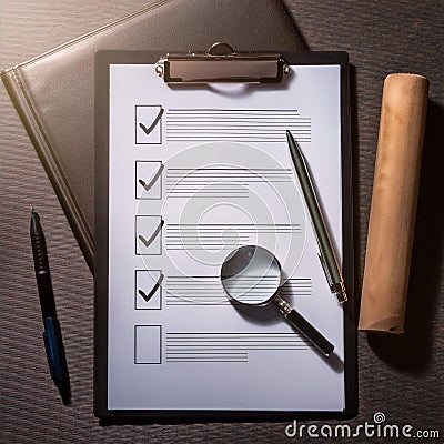 Evaluation and assessment, featuring elements like checklists, evaluation forms, and scorecards, symbolizing review, grading, and Stock Photo
