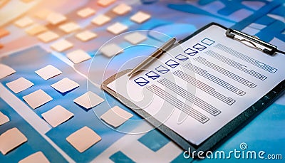 Evaluation and assessment, featuring elements like checklists, evaluation forms, and scorecards, symbolizing review, grading, and Stock Photo