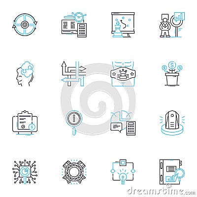 Evaluation planning linear icons set. Assessment, Metrics, Targets, Scope, Objectives, Analysis, Criteria line vector Vector Illustration