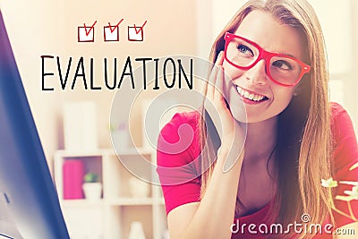 Evaluation text with young woman Stock Photo