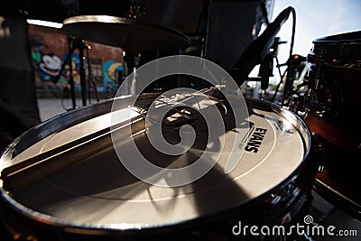 Evans Drumhead on drums on stage Editorial Stock Photo